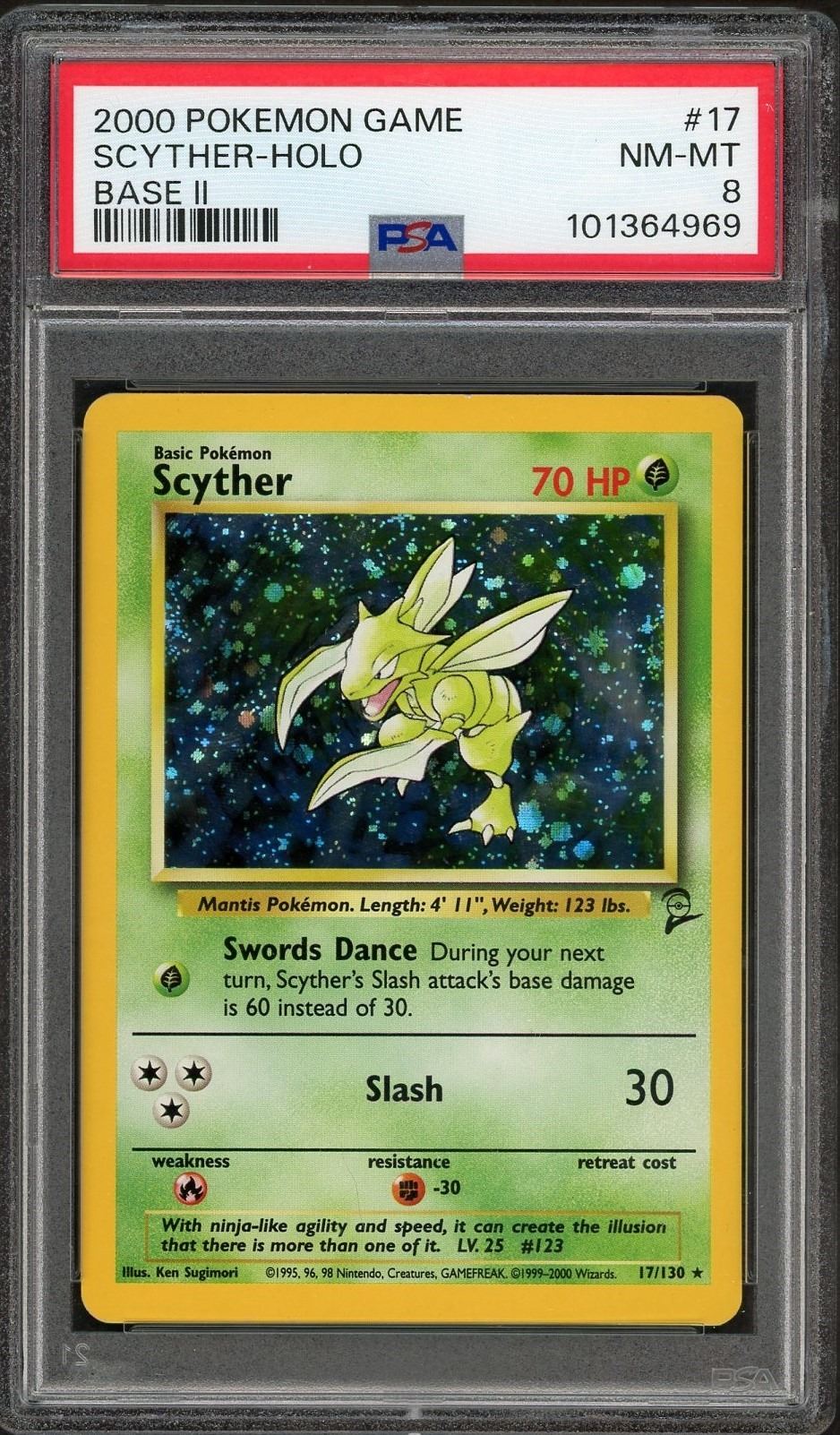 2000 Pokemon Scyther Holo - Base Set 2 - PSA 8